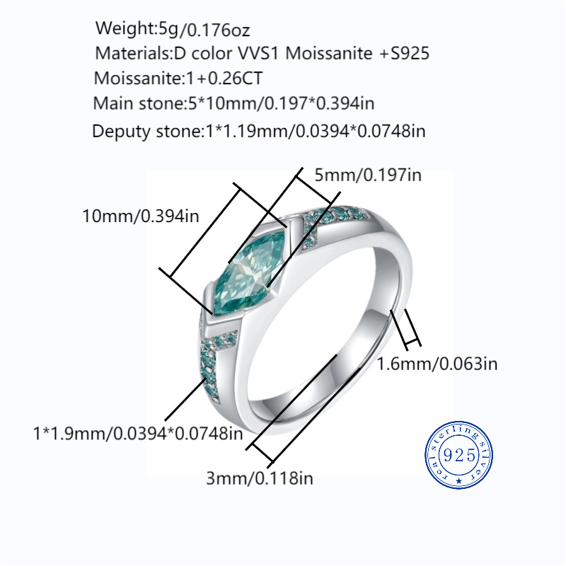 Horus 5*10mm marquise 1CT blue-green moissanite luxury, personalized fashionable best-selling horse eye ring, engagement, wedding anniversary, birthda