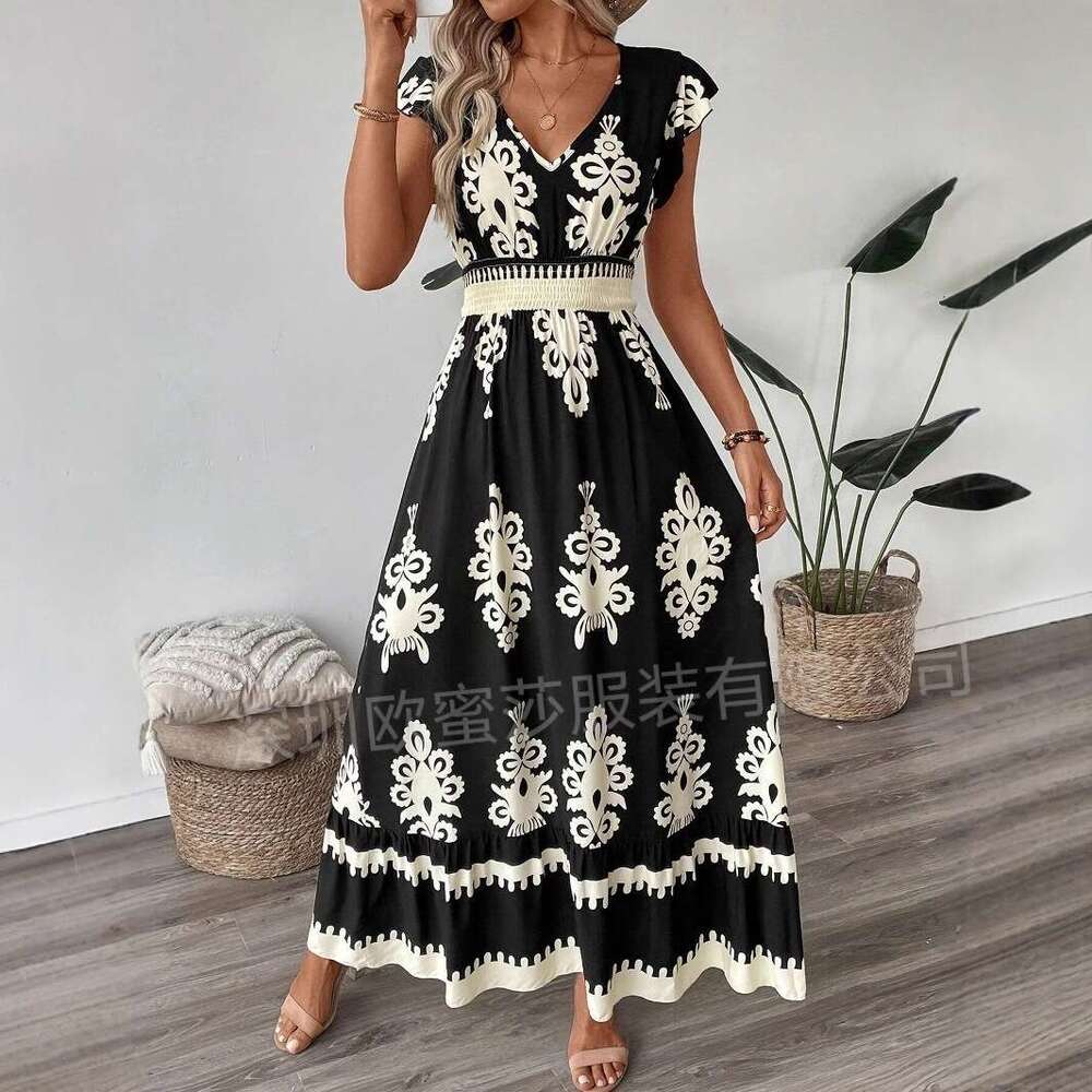 Maxi Dress Spring Summer New Women S Vacation Style Beach Skirt Printed V Neck Large Swing Dress Long Dress