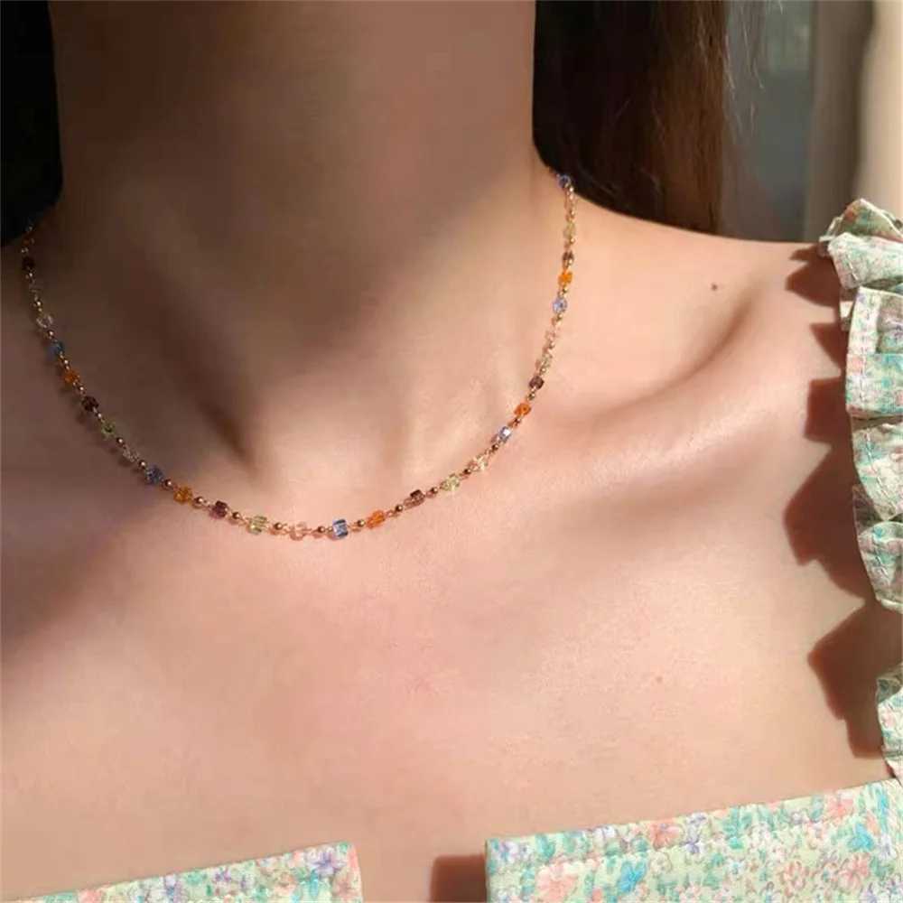 Simple Colorful Square Acrylic Choker Fashion Gold Color Bead Chain Necklace Vintage Crystal Necklace For Women Party Jewelry XJ250524