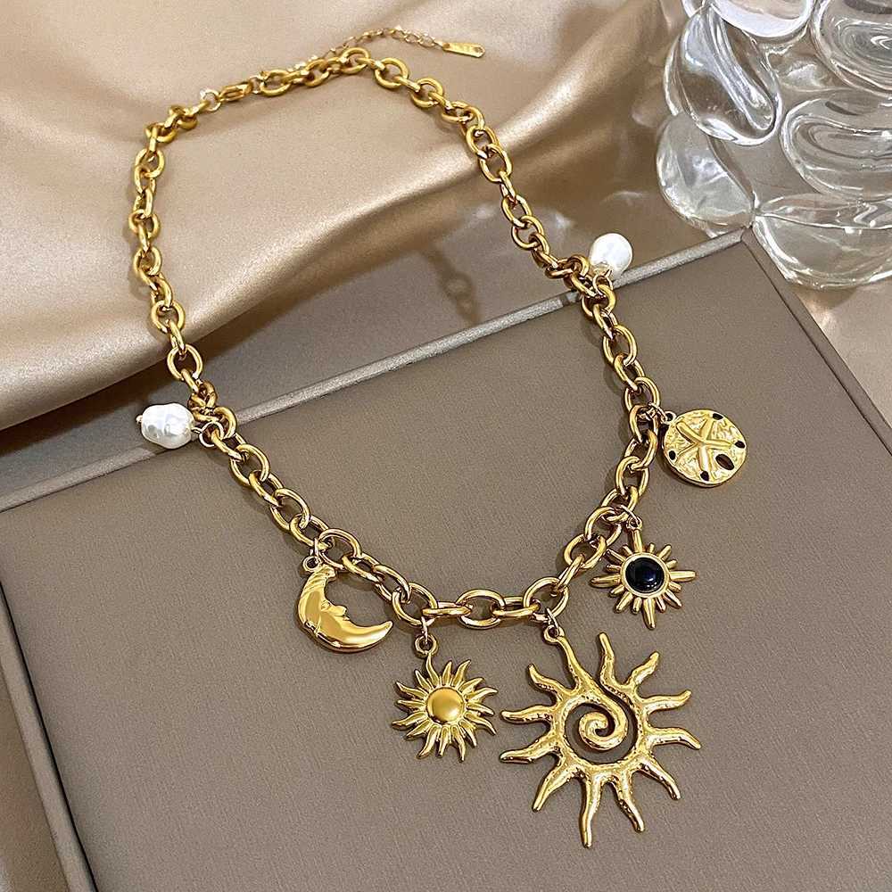 Spiral Sun Totem Gold Plated Charms Necklace for Women Ethnic Jewelry Waterproof Stainl Steel Sunburst Moon Charm Pendant XJ250524