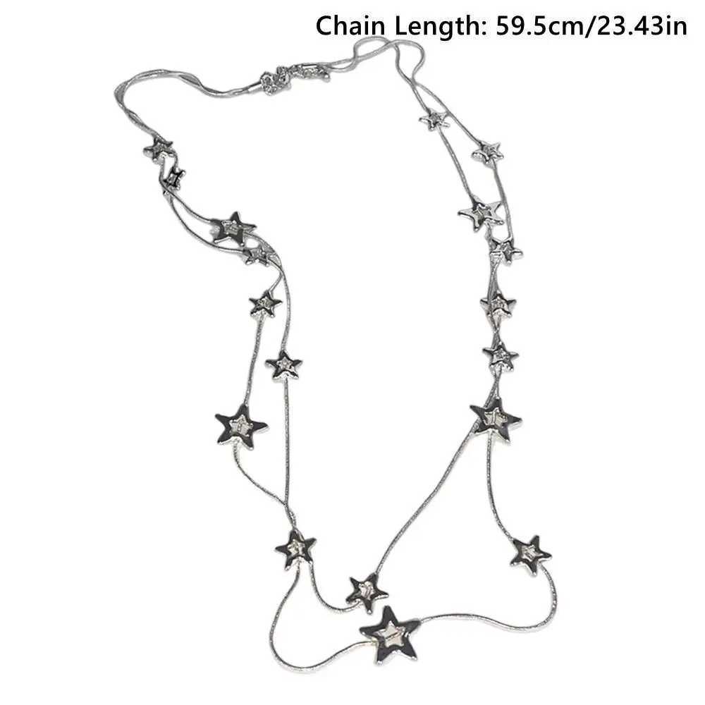 New Alloy Pentagram Star Pendant Silver Color Punk Long Chain Necklace Double Layer Y2K Style Choker XJ250524
