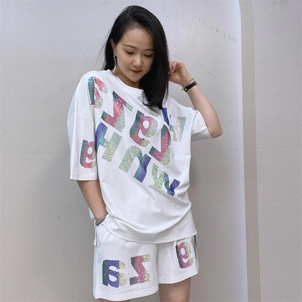 Diamonds Letter Fashion Plus Size Two Piece Set American Street Vintage Crew Neck Top Elastic Waist Shorts 250516Z