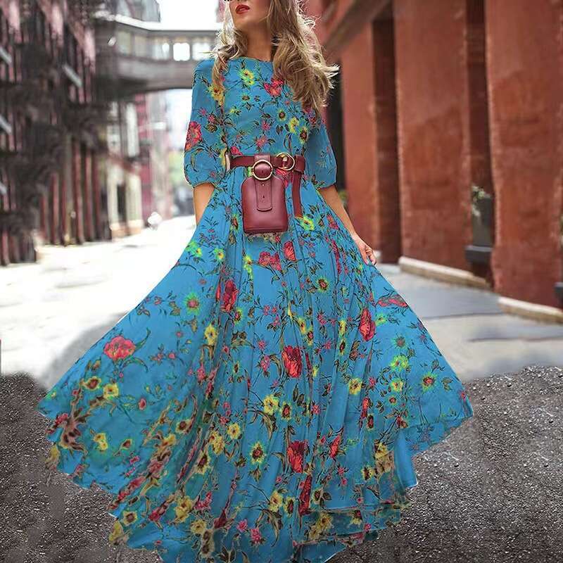 Maxi Dress Printed Long Skirt French Commuting Style Large Swing Round Neck Floral Dress Floral Dress