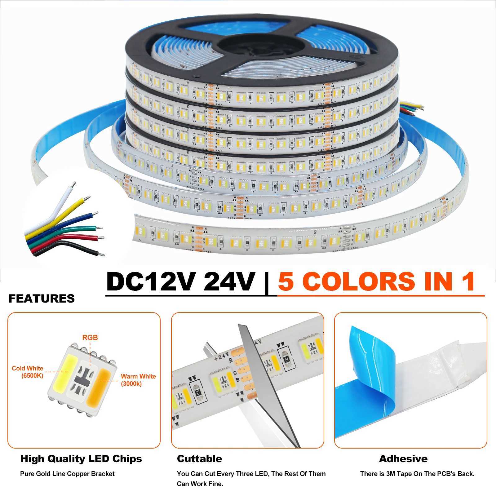 RGB CCT LED Strip DC 12V 24V 5 Colors In 1 Chip SMD 5050 60 96 Leds/M IP21 IP65 Home Decoration Flexible Ribbon Tape Rope Light W250524