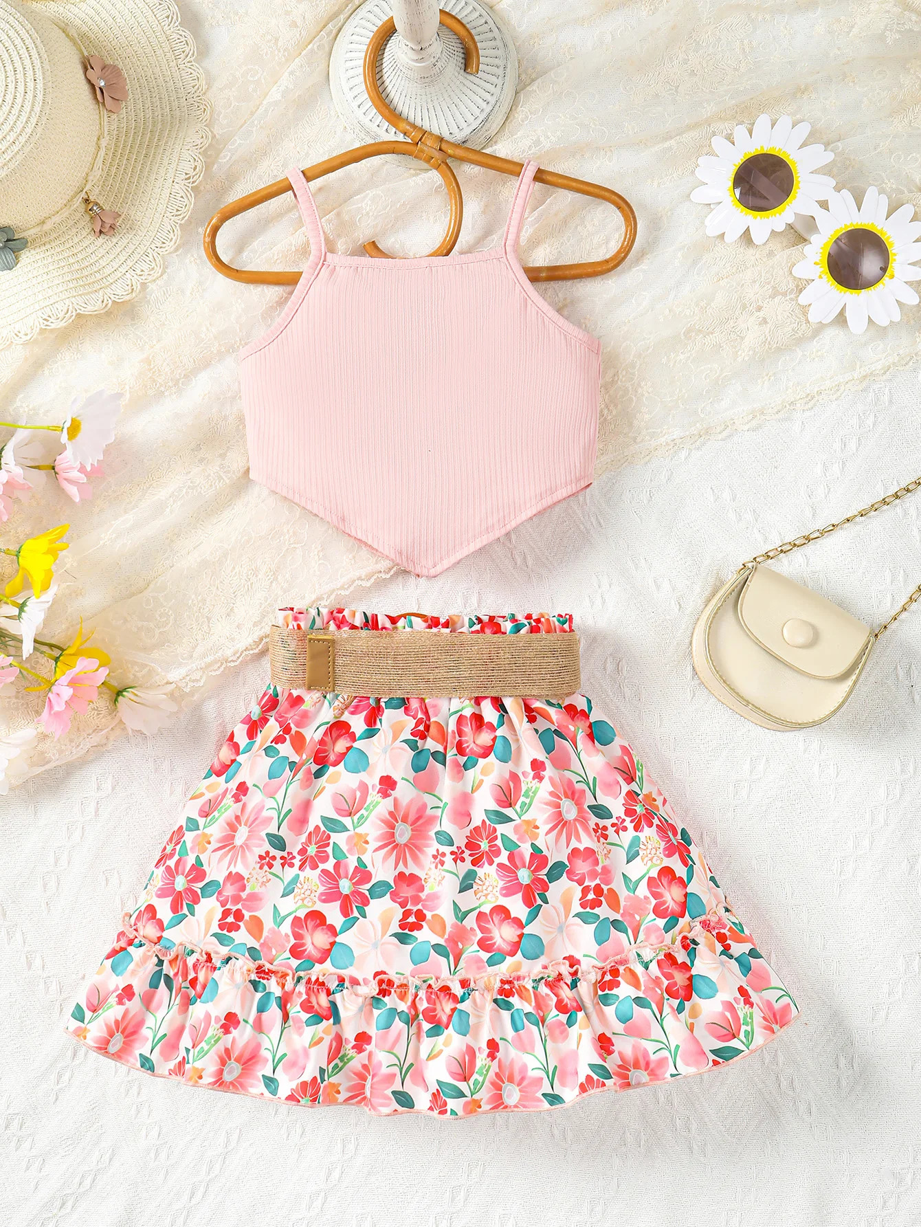 2PCS Summer Kids Girl Clothes Set Solid Suspenders TopFlowers Skirt Pants Vacation Style Korean Costume For Children 47 Years 250517z