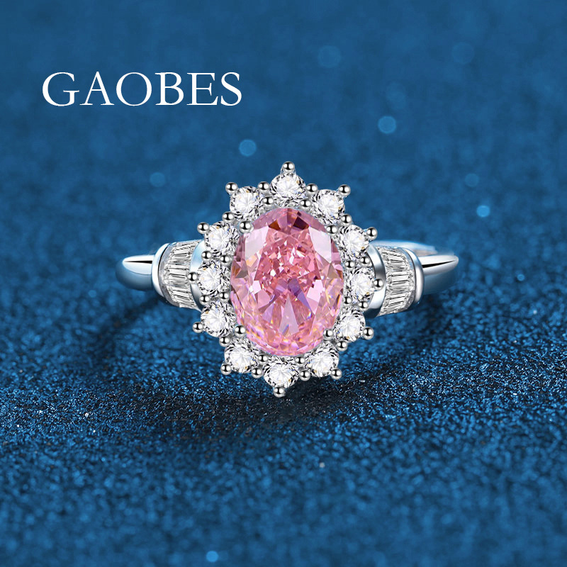 S925 Sterling Silver High Carbon Diamond & Gemstone Ring, Oval Cut Pink & Aquamarine Full Halo Diamond Ice Flower Design, Luxury Wedding Jewelry Ring