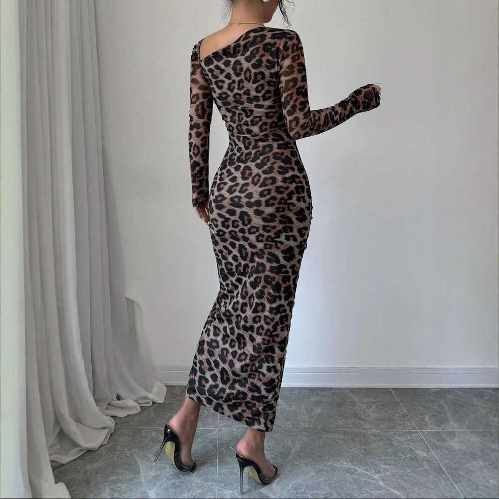 Maxi Dress New Women S Round Neck Long Sleeved Sexy Leopard Print High Waist Temperament Spicy Girl Dress Floral Dress