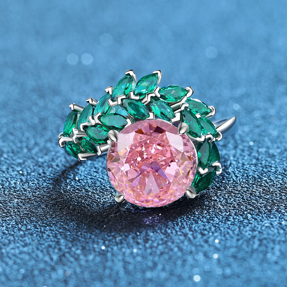 S925 sterling silver ice flower cut ring with pink and green marquise stones, full diamonds, trendy fashion ring for women