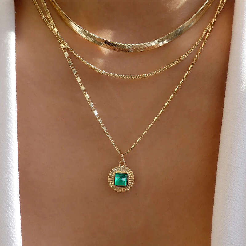 Hot selling green pendant with multiple layers alloy chain necklace fashionable accessory