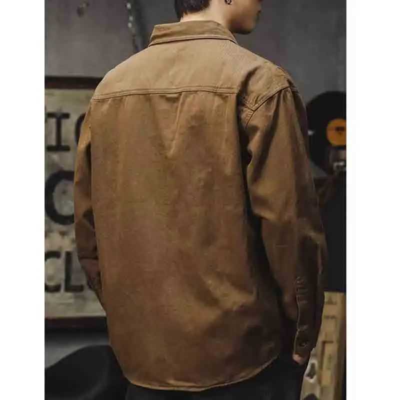 2023 Autumn New Loose Casual American Vintage Work Jacket Mens Solid Square Neck Button Pocket Badge Patchwork Long Sleeved Shirt W250524