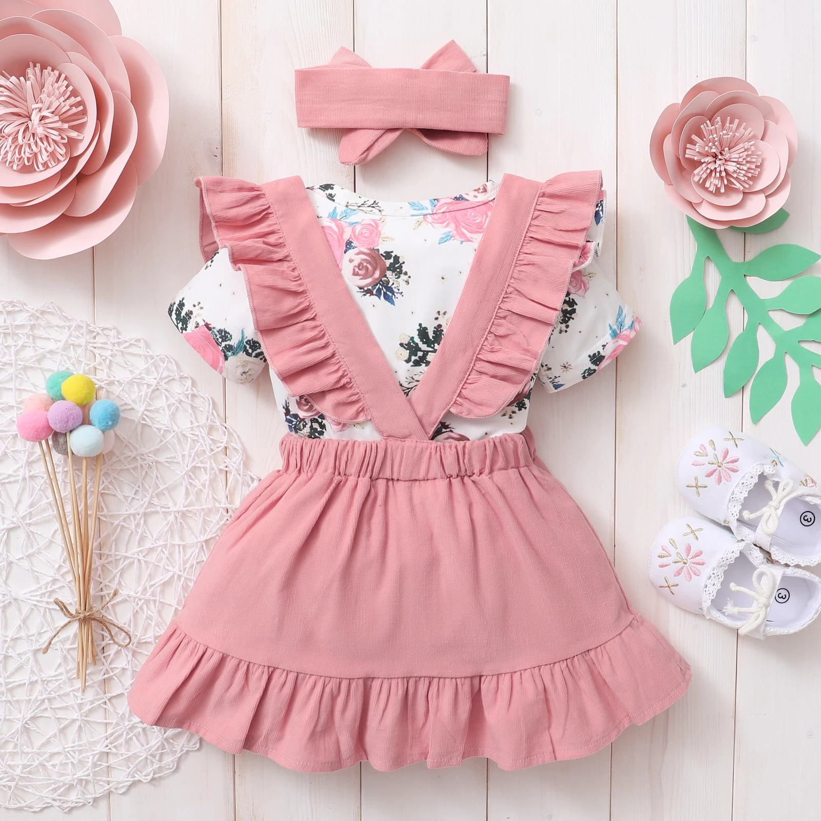 3Pcs Baby Girl Beautiful Flower Bodysuit Ruffled Shoulder Strap skirtHeadband Set 024 Months Toddler Summer 250517z