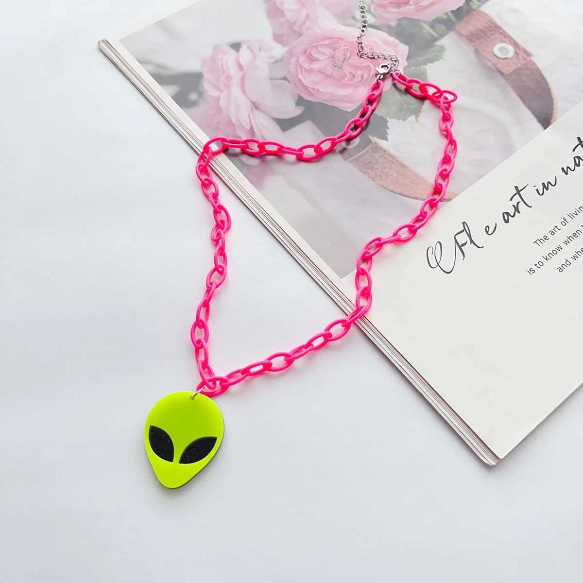 Y2K hip-hop Rock Contrast Fluorescent Alien Pendant Long sweater Chain Necklace Womens Accories XJ250524