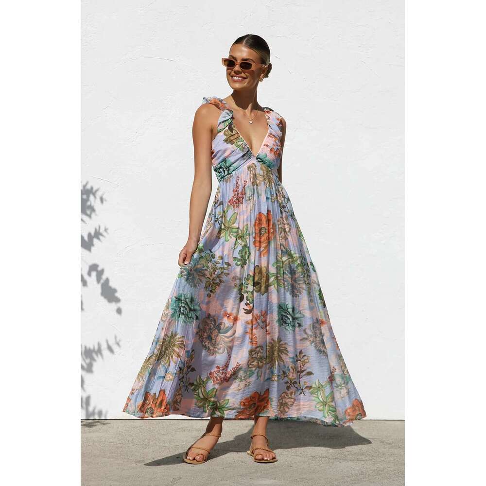 Maxi Dress Summer New Ins Same Style Printed V Neck Large Swing Strap Long Dress For Women Floral Dress