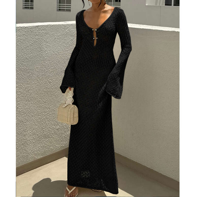 Maxi Dress New Hollowed Out Texture V Neck Round Button Sleeved Vacation Dress Beach Sunscreen Backless Long Skirt Long Dress