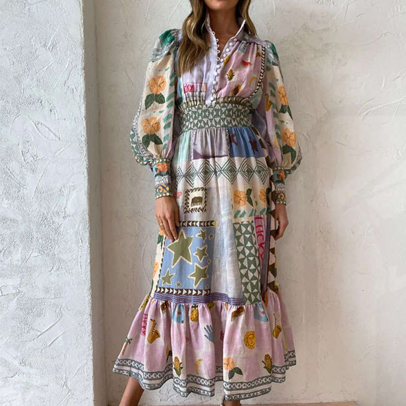 Maxi Dress New Women S Lantern Sleeve Printed Long Sleeved Pleated Dress For Women Floral Dress