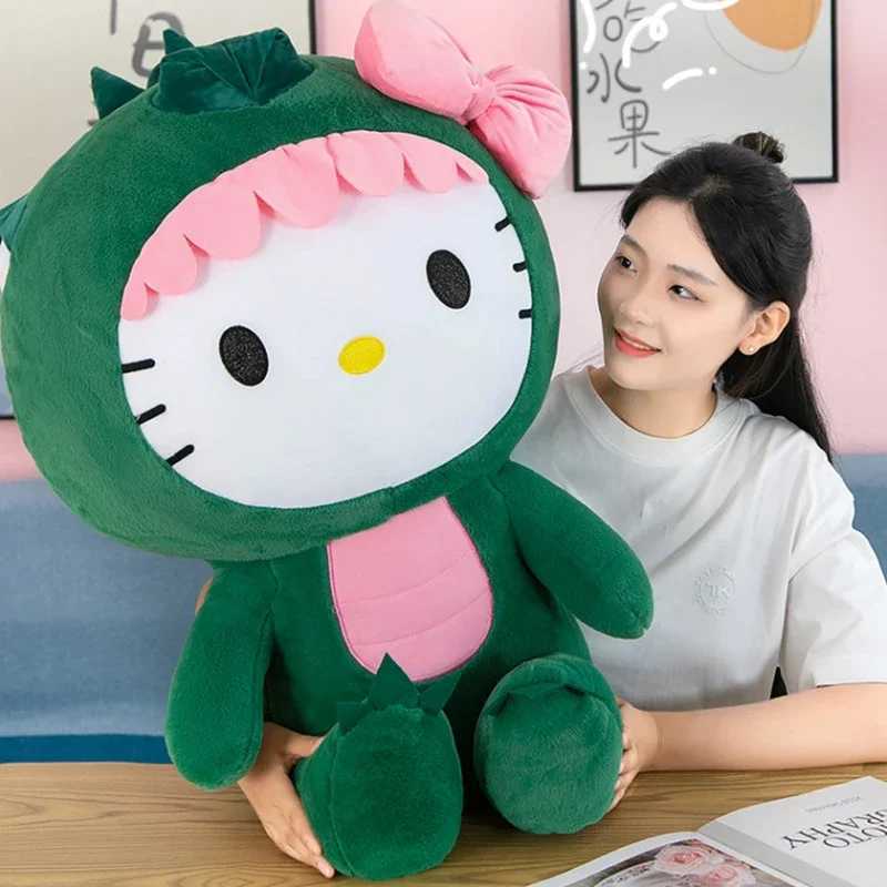 Sanrio 35/50/65cm Sanrio Kawaii Hello Kitty Dinosaur Plush Toy Cartoon Doll Room Decoration Sleeping Throw Pillow Kids Birthday Giftw250524