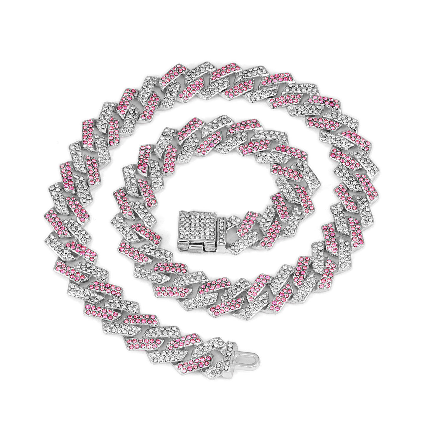 Best-Selling 15mm Rhombic Small Flip-top Cuban Chain High-quality Pink and Blue Hip-hop Necklace