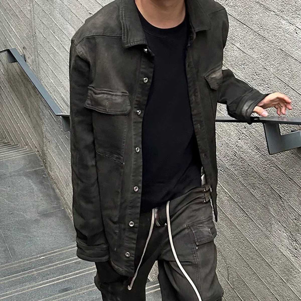 High Street Ribbons Dirty Washed Black Baggy Jeans Jacket for Men and Women Harajuku Y2k Casual Denim Coat Oversized Clothes W250524