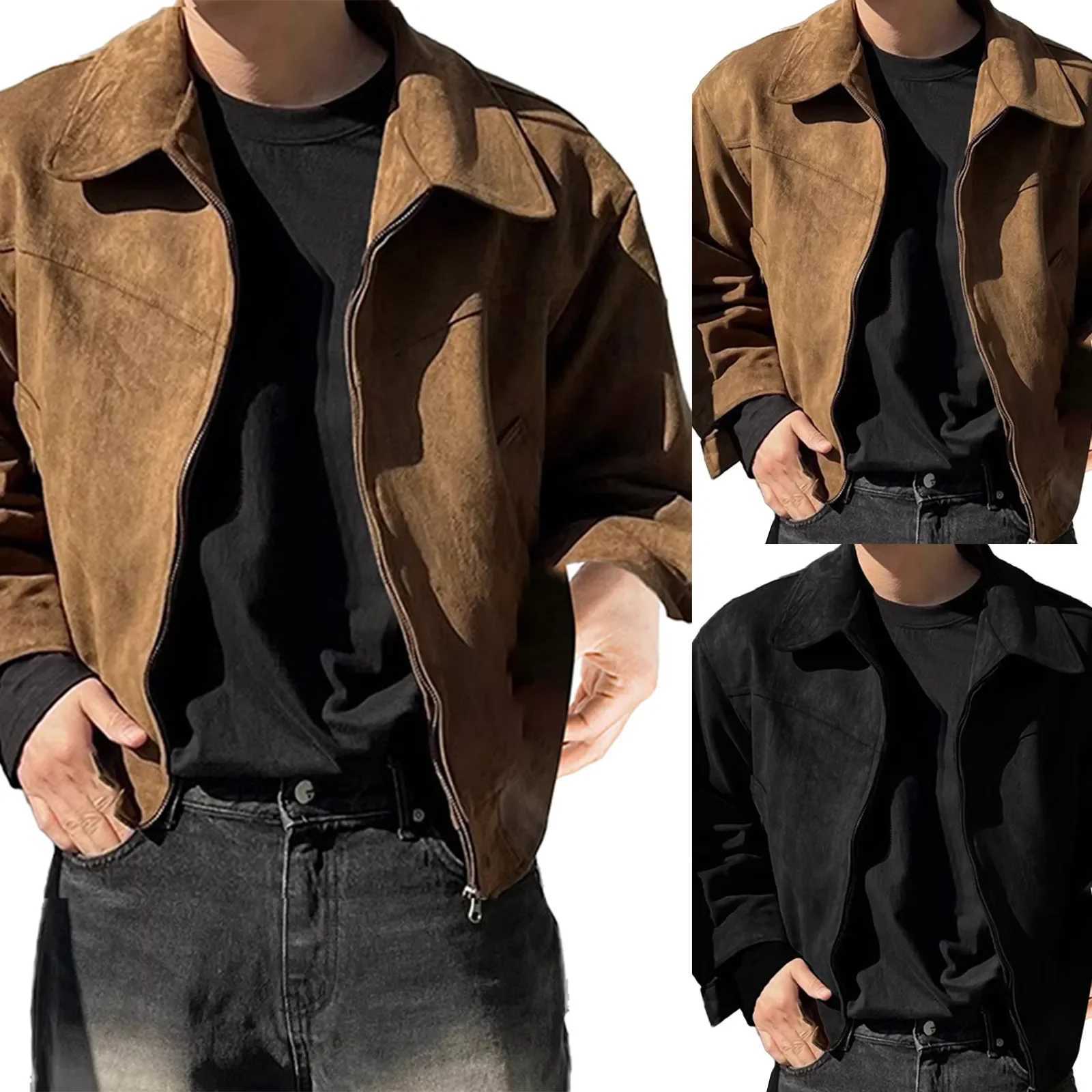 Mens Vintage Short Lapel Jacket Autumn Zipper Fashion Suede Jacket Outwear Windbreaker Male Clothes Winter Jacket Men W250524