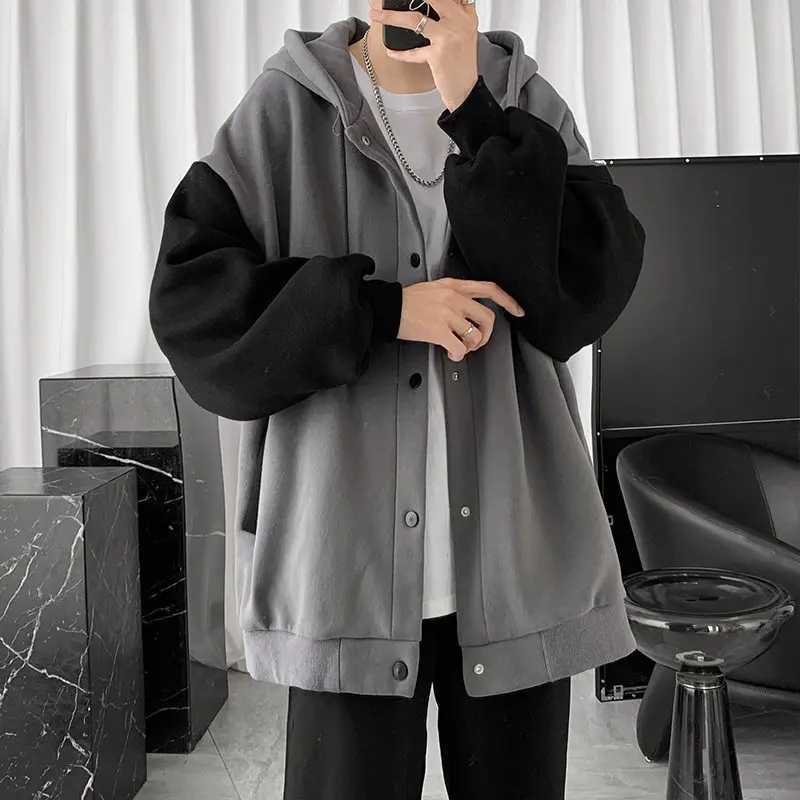 Hong Kong Wind Leisure Cardigan Coat Men 2024 Autumn New Korean Version of The Trend Splicing Loose Hoodie Lovers W250524