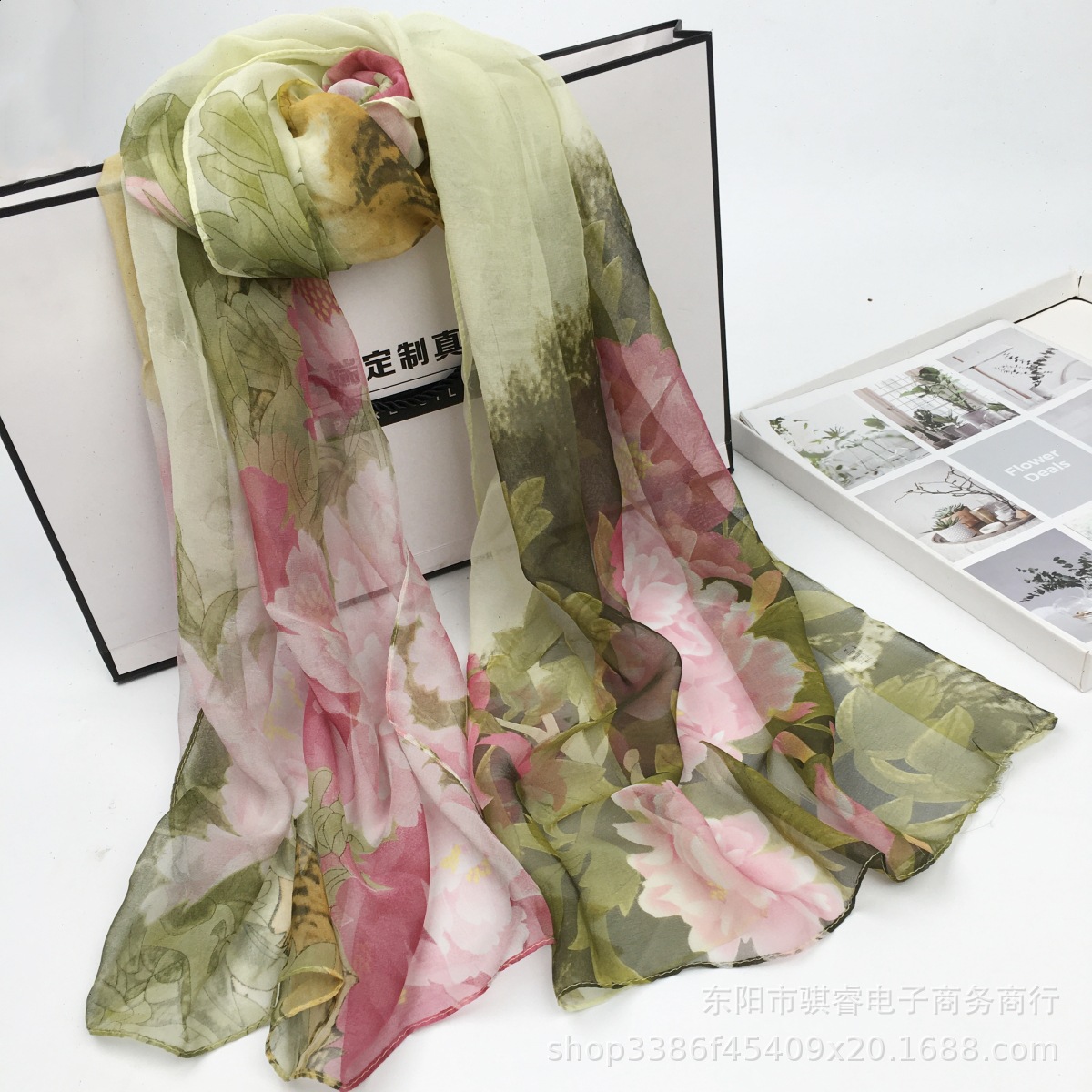 K812 New fashion landscape peony Georgette scarf elegant temperament ladies silk scarf wholesale middle-aged ultra-thin