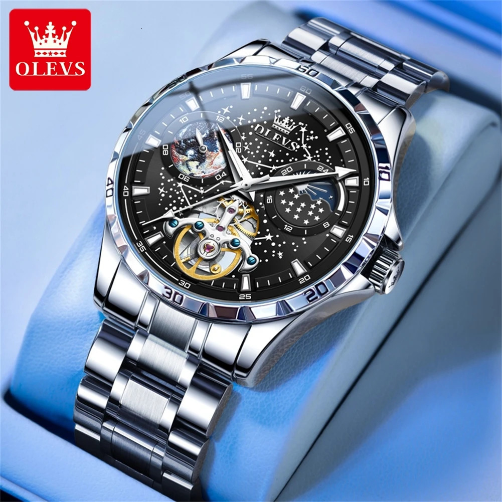 OLEVS Original Mens Watches Luminous Fully Automatic Mechanical Watch Waterproof Moon Phase Starry Multifunctional 250603