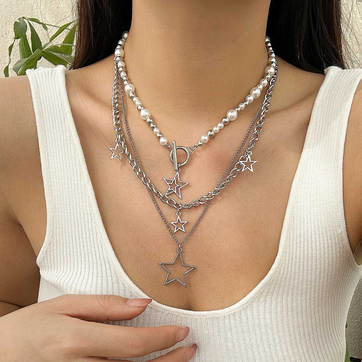 KunJoe Punk Silver Color Star Pendant Necklace for Women Men Imitation Pearl Multilayer Charm Choker Jewelry Collar Party Y2K XJ250524