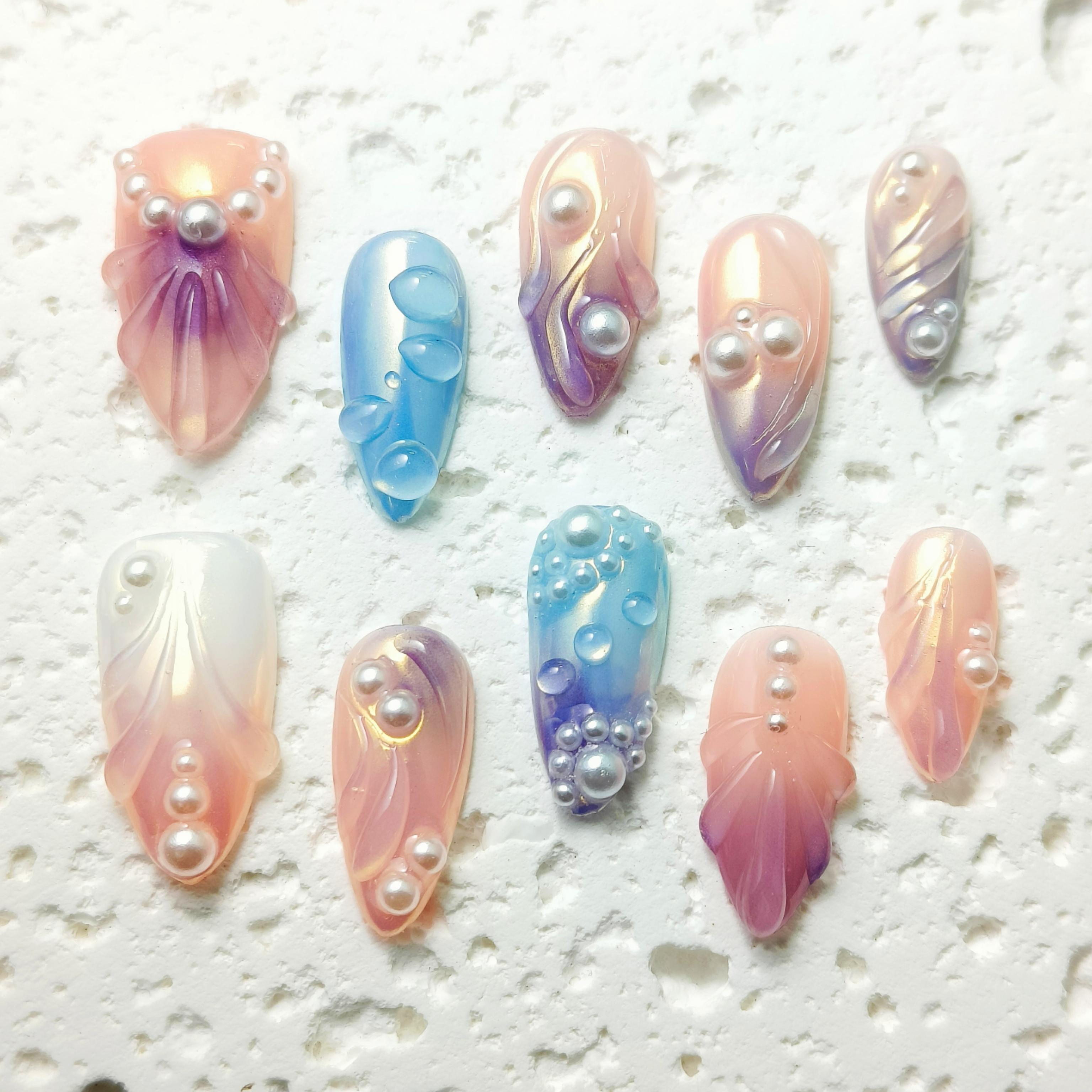 10pcs Mermaid Handmade Press-on nails Medium Almond Nails 3D Hand drawn Fake nails Bundle Sweet Finished nail stickers Free storage box jelly glue and