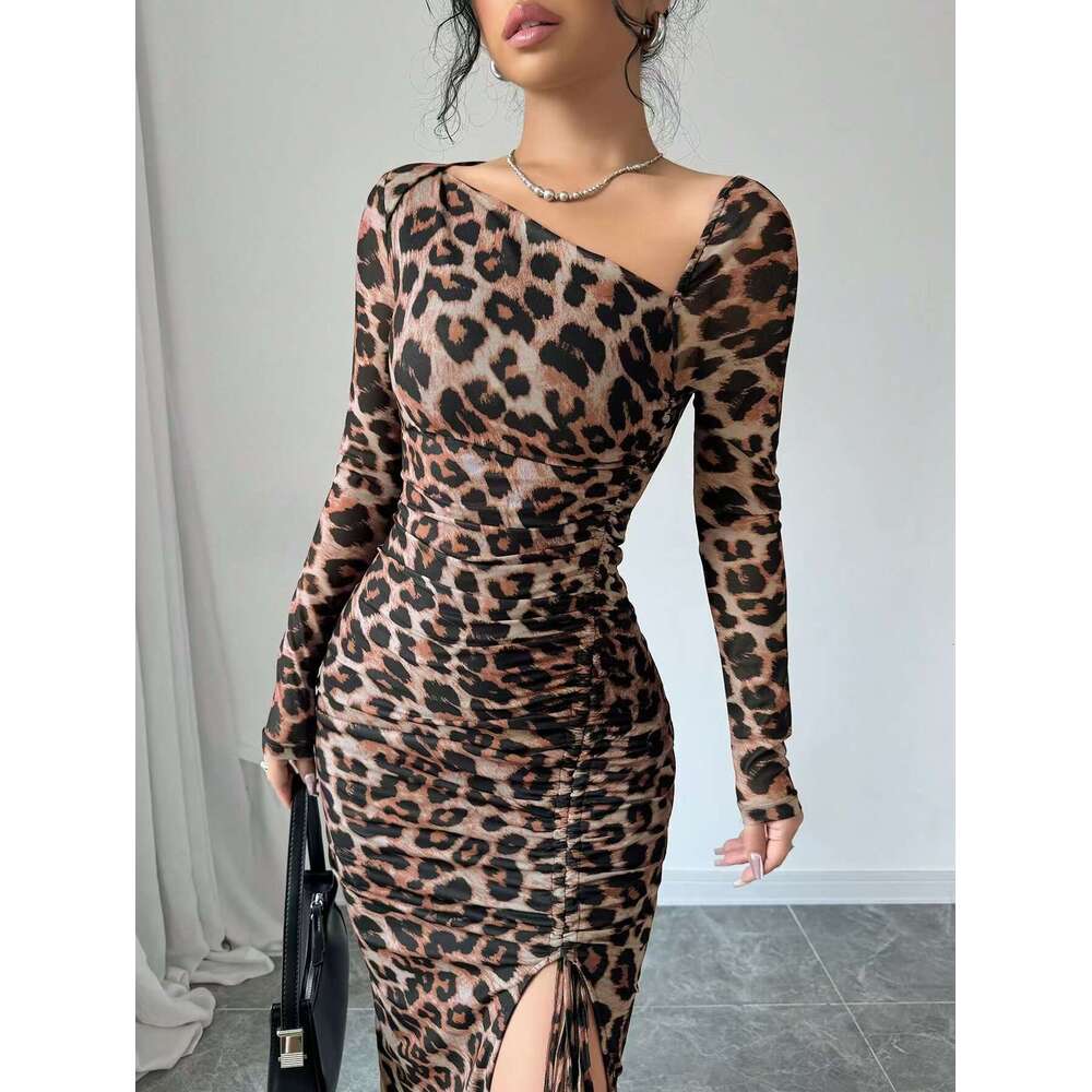 Maxi Dress New Women S Round Neck Long Sleeved Sexy Leopard Print High Waist Temperament Spicy Girl Dress Floral Dress