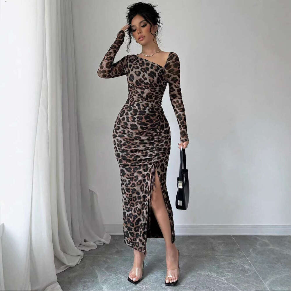 Maxi Dress New Women S Round Neck Long Sleeved Sexy Leopard Print High Waist Temperament Spicy Girl Dress Floral Dress