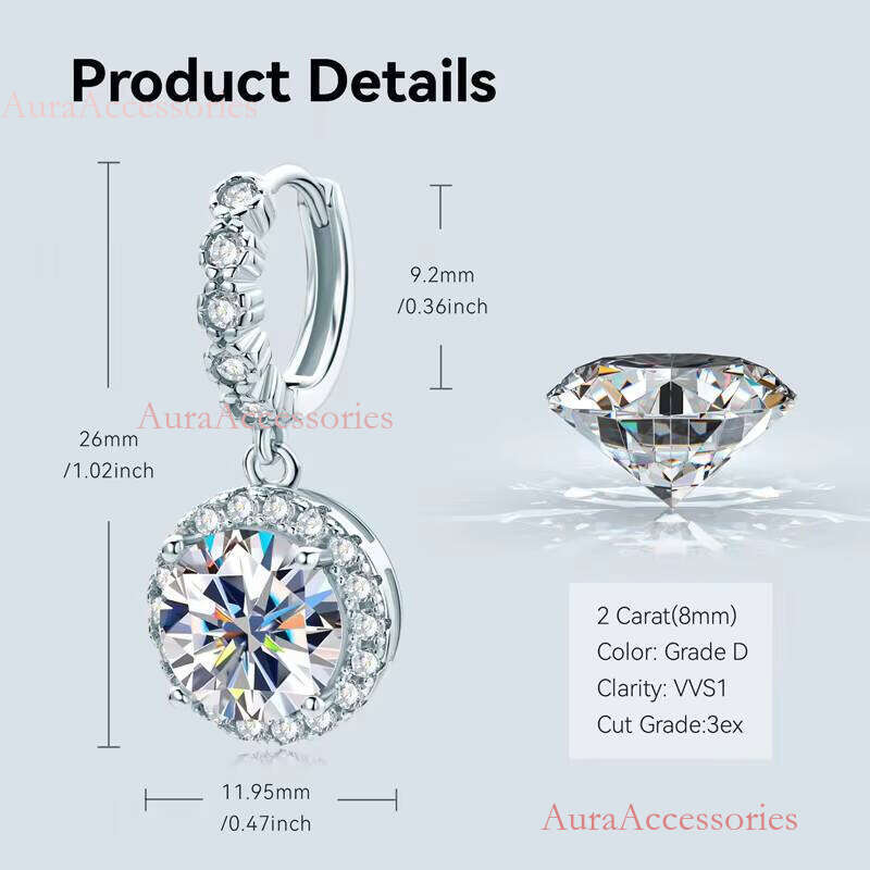 GRA Certification Pass Dia test 8mm 2CT Moissanite Sterling Sier halo Women's Classic Hoop Earrings