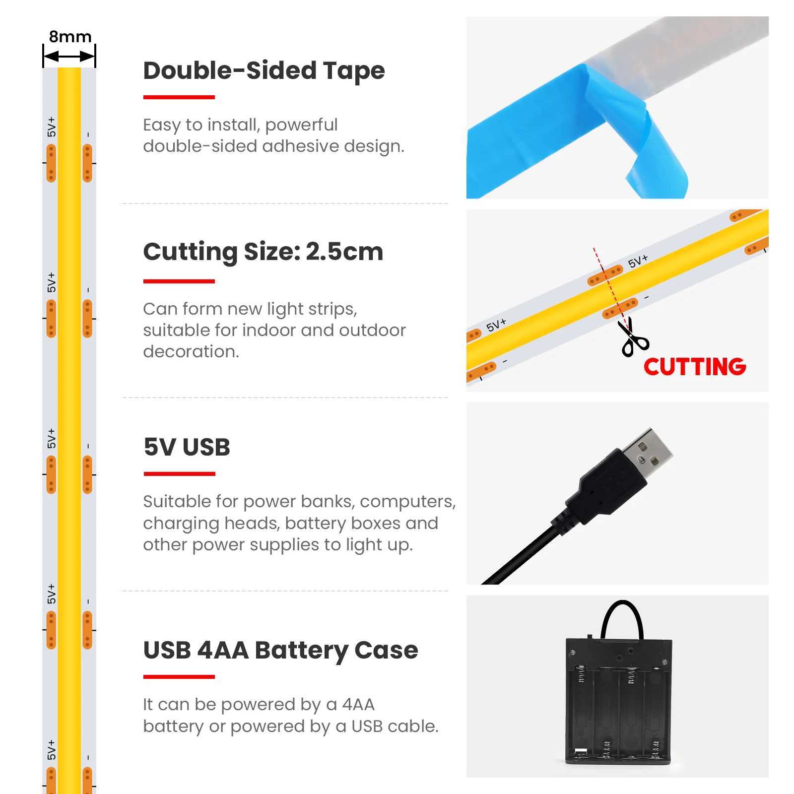 DC 5V USB COB LED Strip 8MM 320LEDs/m Battery Powered Flexible Ribbon Tape White/Pink/Red/Yellow/Ice Blue Room DIY TV Backlight W250524
