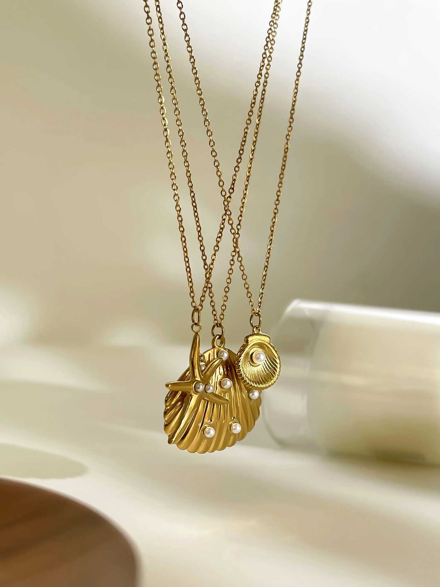 GHIDBK Ocean Style Shell Starfish Rhinestone Imitation Pearls Pendant Necklace for Women Summer Beach Fashion Jewelry Waterproof XJ250524