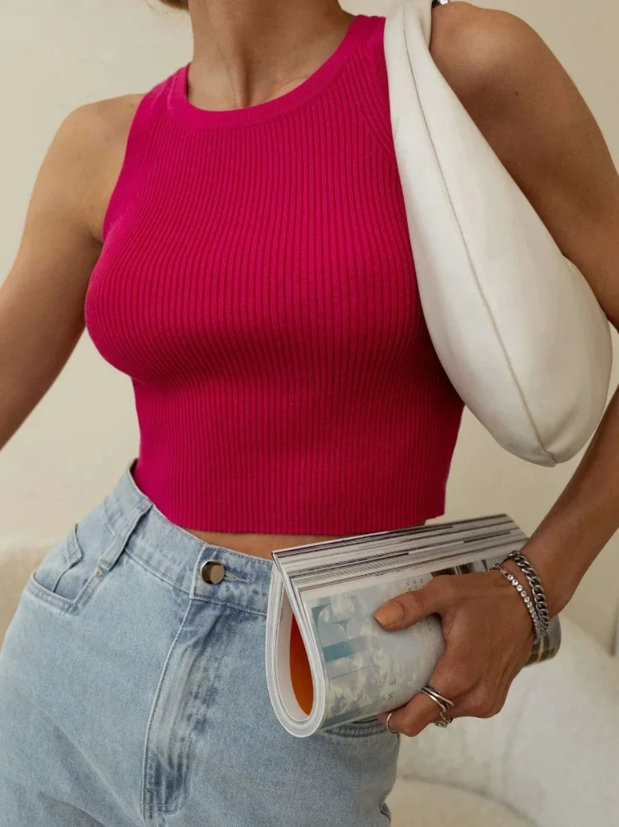 Wolfeel Summer Knitted Tank Tops Women Casual Crop Tops Sexy Suspender Vest O-neck OL Slim Ribber Sleeveless T Shirts 250519