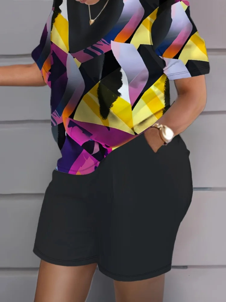 Plus Size 1XL5XL Women Summer Colorful Tie Dye Print Twopiece Sets Casual Short Sleeve Round Neck TShirt Shorts Loungewear 250516Z