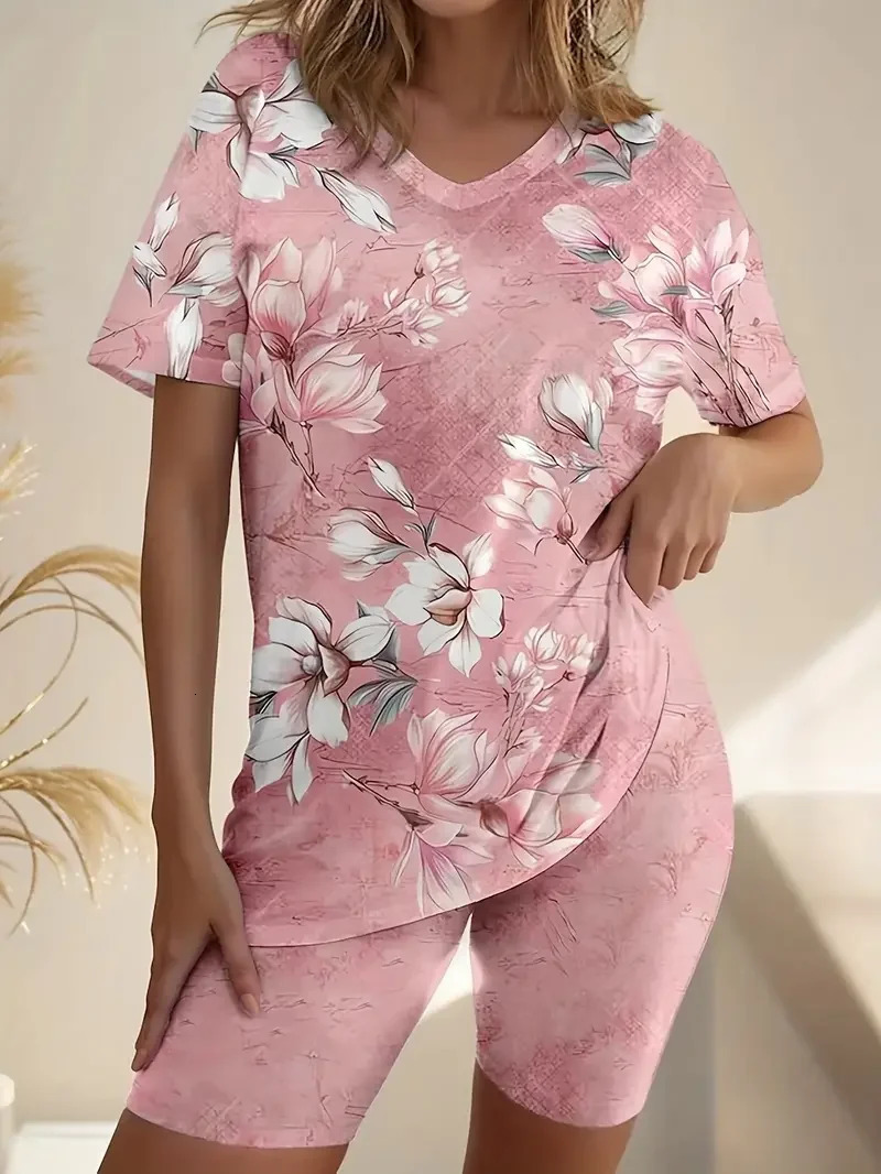 Plus Size 1XL5XL Womens Fashion Floral Print Two Piece Set Outfit Ladies Casual Short Sleeve Crew Neck TShirt Shorts 250516Z