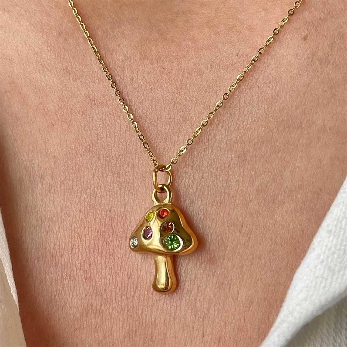 Stainless steel mushroom necklace with lucky symbol embedded in zirconium necklace gold-plated and color preserving XJ250524