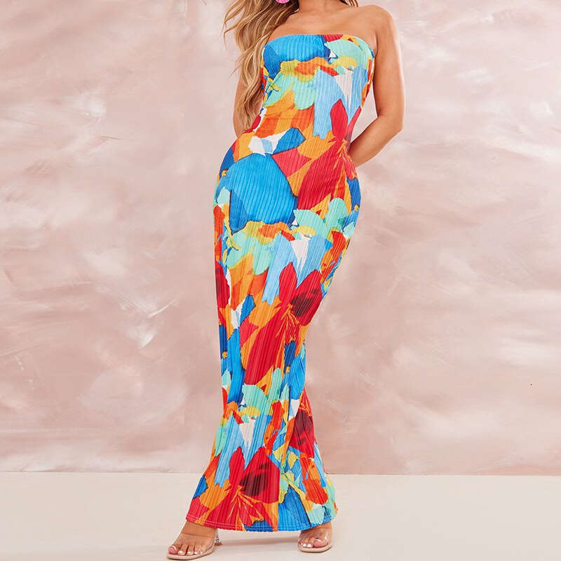 Maxi Dress Strapless Printed Pleated Slim Fit Jumpsuit Long Dress Women S Dress Floral Dress