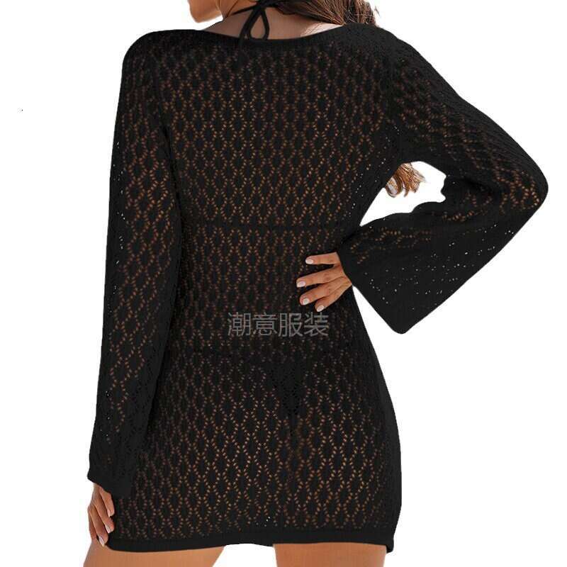 Maxi Dress New Hollowed Out Texture V Neck Long Sleeved Vacation Dress Beach Sunscreen Backless Short Skirt Floral Dress