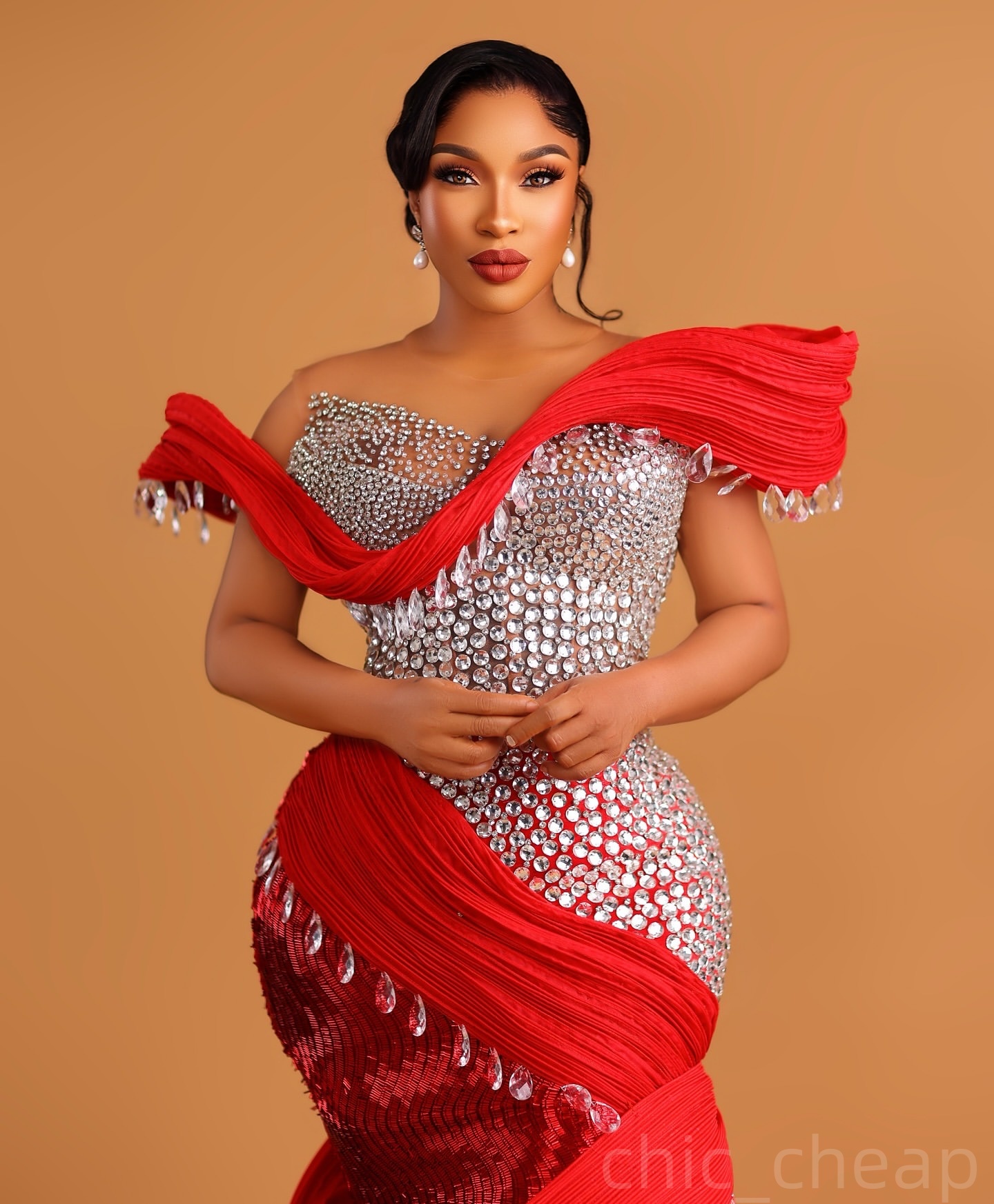 Red Mermaid Prom Dresses 2025 Crystals Sequined Stylish Sparkly Evening Formal Party Second Birthday Engagement Gowns Plus Size Dress For Special Occa