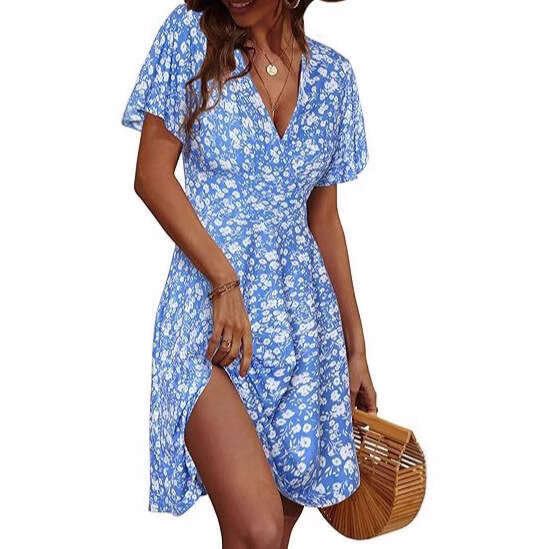 Maxi Dress Women S Strap Skirt Summer Flower Short Sleeve Package V Neck A Line Medium Length Dress Printed Floral Dress