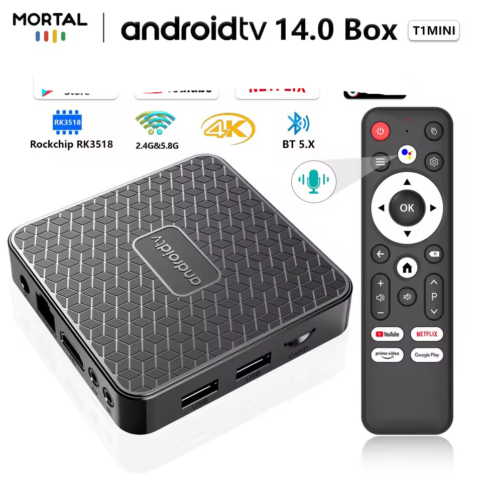 Mortal T1 MINI WIFI6 Voice Control Smart TV Box Android 14 RK3518 Home Theater 2G 16G Bluetooth 4K TV Set Top Box