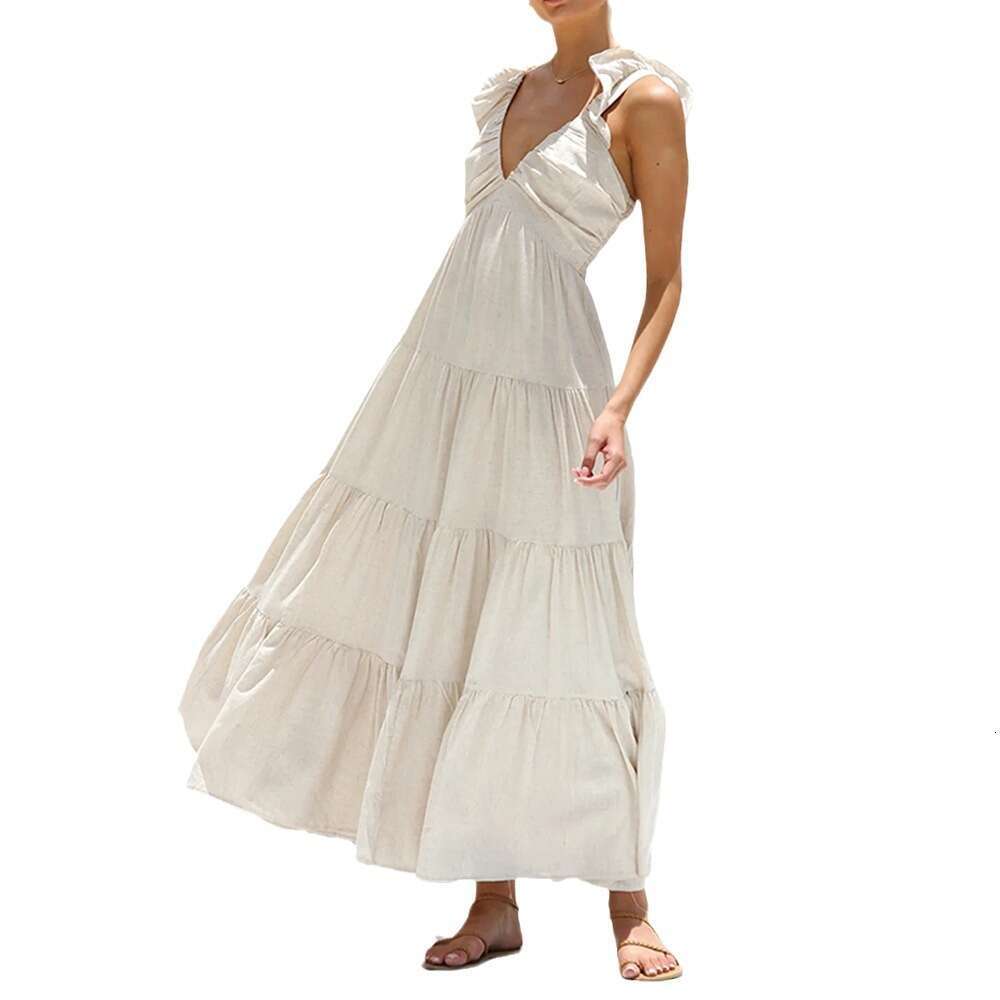 Maxi Dress Spring Summer V Neck Sexy Cotton Linen Sleeveless Solid Lace Strap Holiday Beach Dress Long Dress