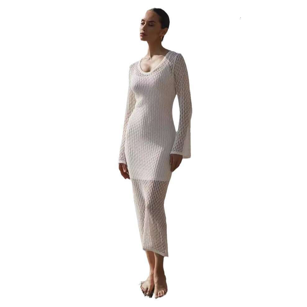 Maxi Dress Summer New Beach Skirt Sexy Hollow Perspective Seaside Sunscreen Bikini Cover Up Knitted Dress Long Dress