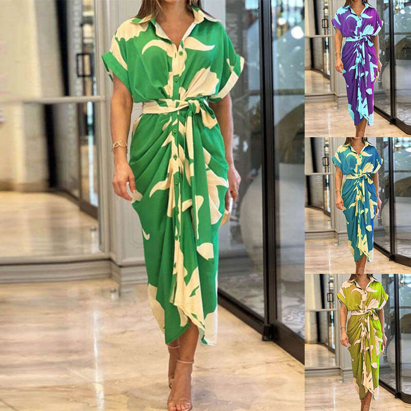 Maxi Dress INS Women S Printed Lapel Short Sleeved High Waisted Long Shirt Dress Floral Dress