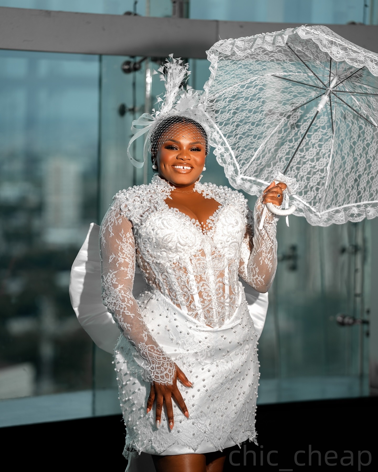 2025 Aso Ebi Plus Size White Wedding Dress Pearls Lace Sheath Knee Length Bow Full Sleeves Bridal Gowns Dresses ZJ055