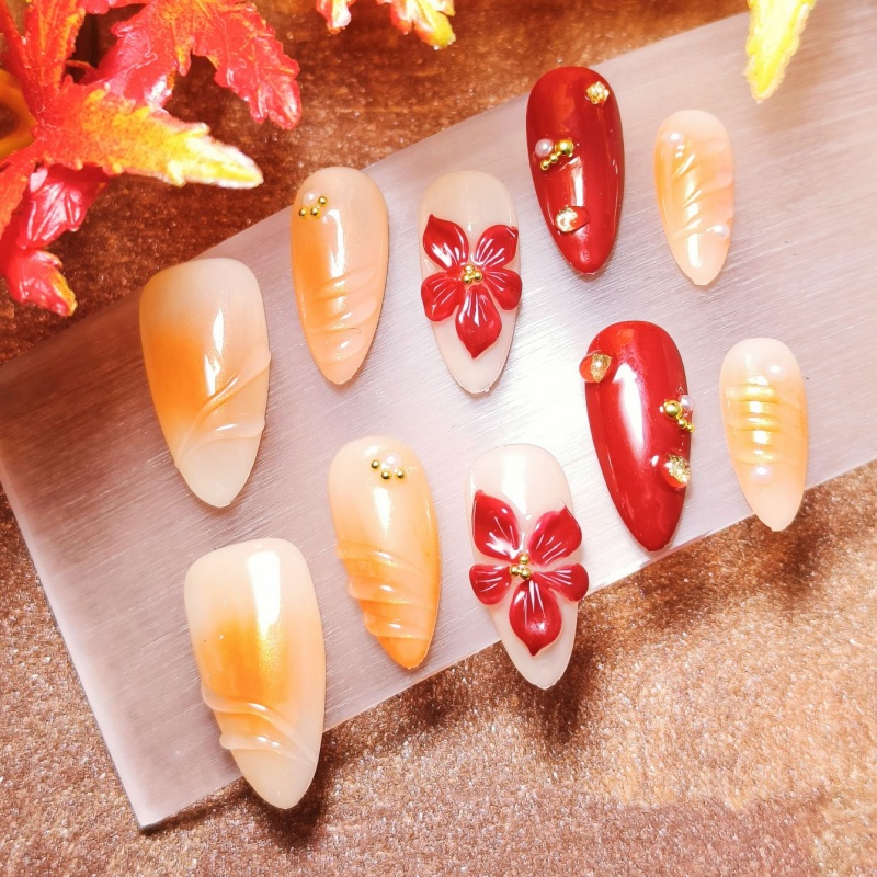 10pcs Handrawn 3D Flowers Handmade Press-on nails Medium Almond Nails Bundle Spring Summer Elegant Sweet Finished nail stickers Free storage box jelly