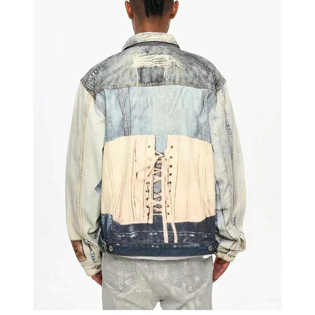 Y2k Contrast Color Back Lace Up Patchwork Denim Coat for Men and Women Windbreaker Bomber Jacket Casual Loose Jeans Clothes W250524