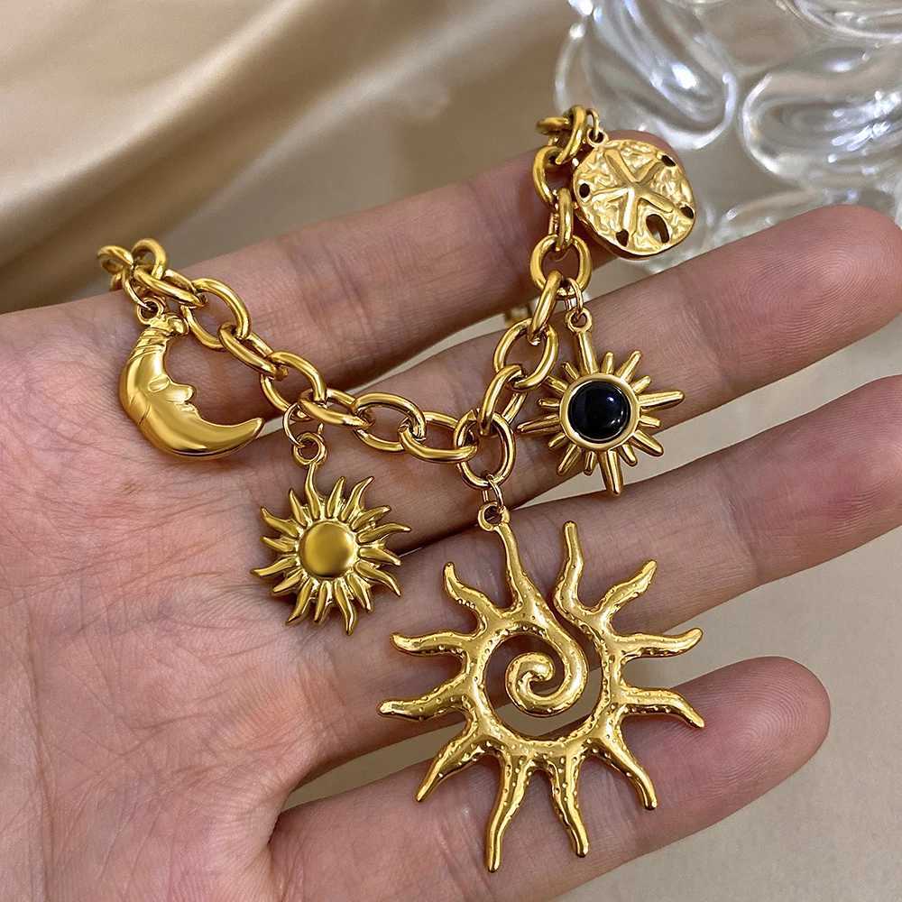 Spiral Sun Totem Gold Plated Charms Necklace for Women Ethnic Jewelry Waterproof Stainl Steel Sunburst Moon Charm Pendant XJ250524