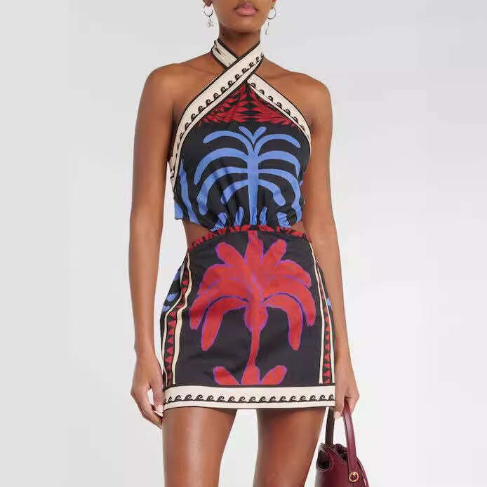 Maxi Dress New Summer Sexy Hanging Neck Positioning Printed Holiday Beach Short Skirt Dress Long Dress